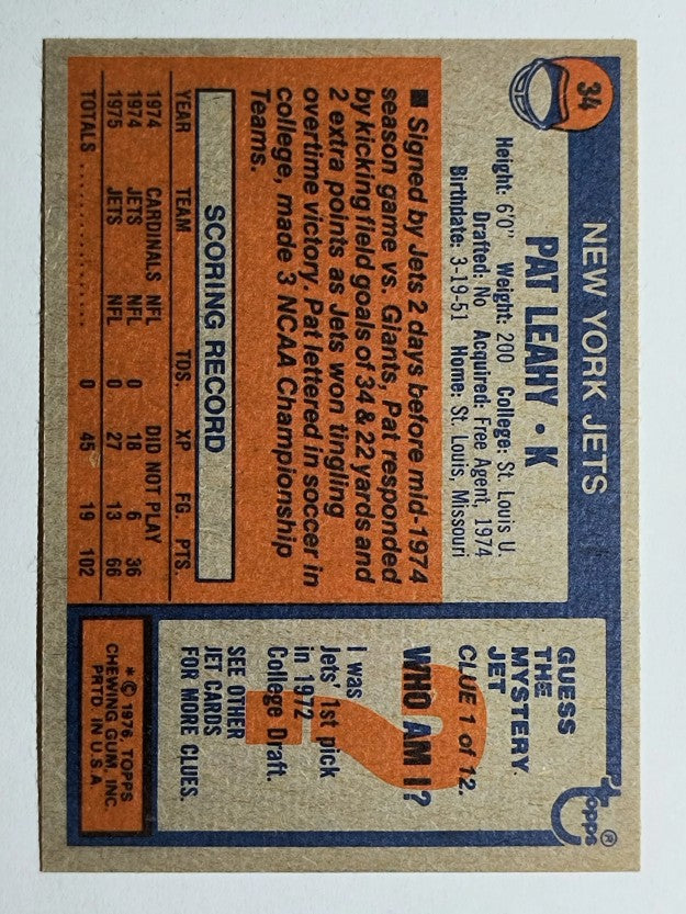 1976 Topps #34 Pat Leahy RC (NM)