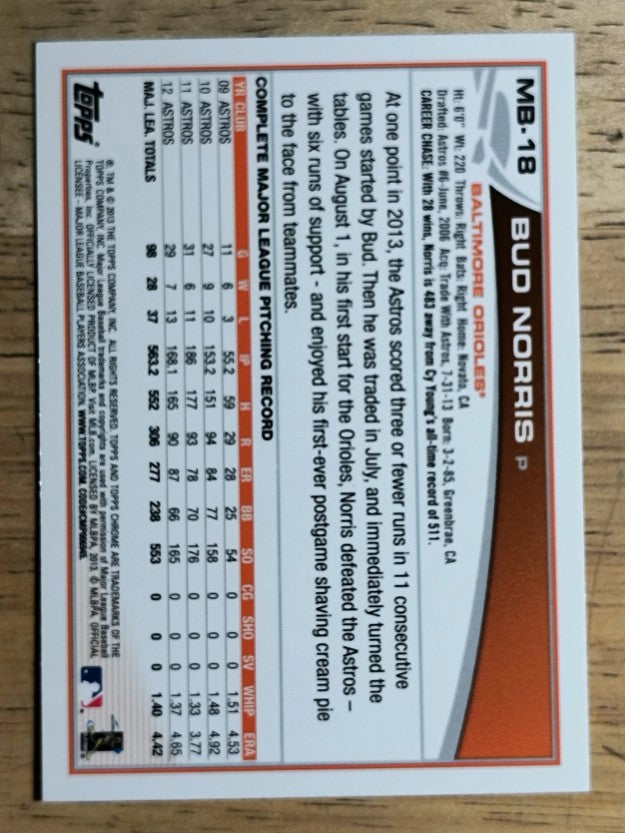 2013 Topps Chrome Update #MB18 Bud Norris