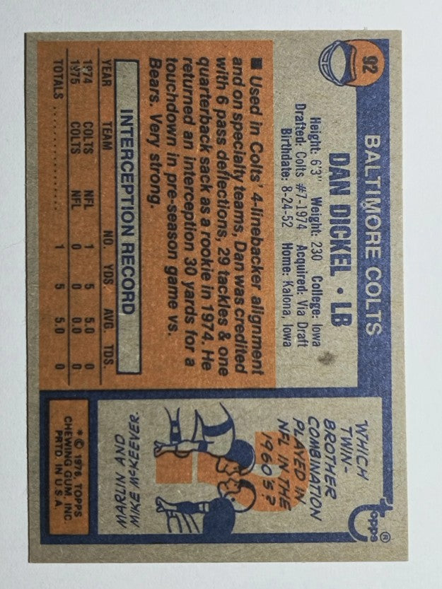 1976 Topps #92 Dan Dickel (NM)