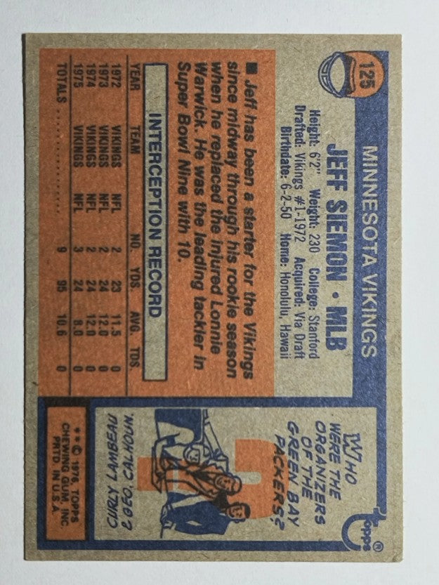 1976 Topps #125 Jeff Siemon (VGEX)