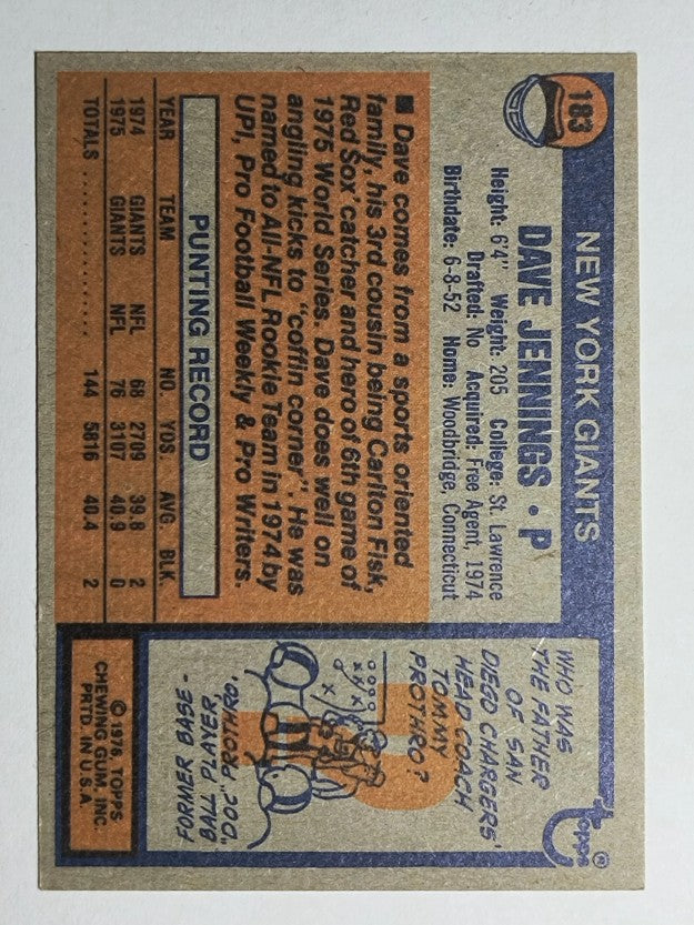1976 Topps #183 Dave Jennings RC (EXMT)
