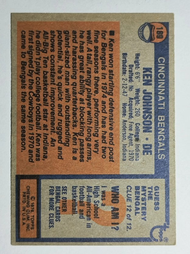 1976 Topps #189 Ken Johnson DT RC (EX)