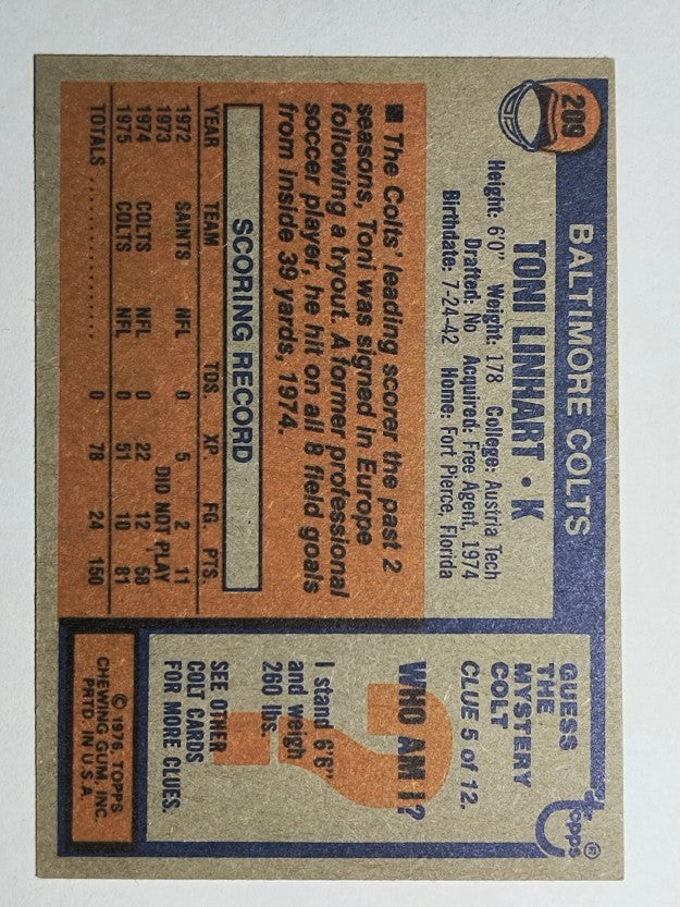 1976 Topps #209 Toni Linhart (NM)