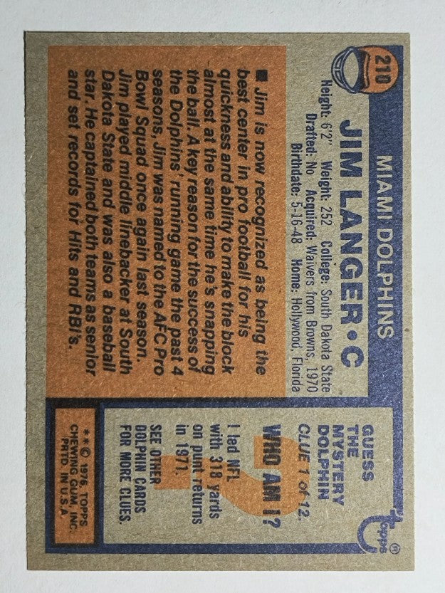 1976 Topps #210 Jim Langer AP (EXMT)