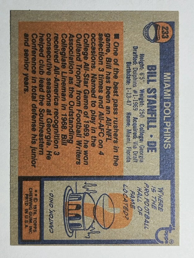 1976 Topps #233 Bill Stanfill (NM)