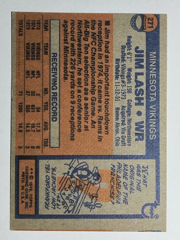 1976 Topps #271 Jim Lash RC (VGEX)