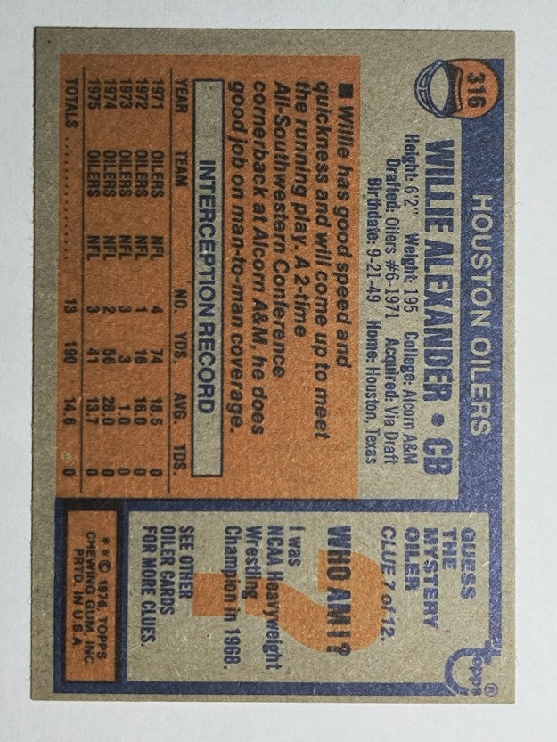 1976 Topps #316 Willie Alexander (NM)