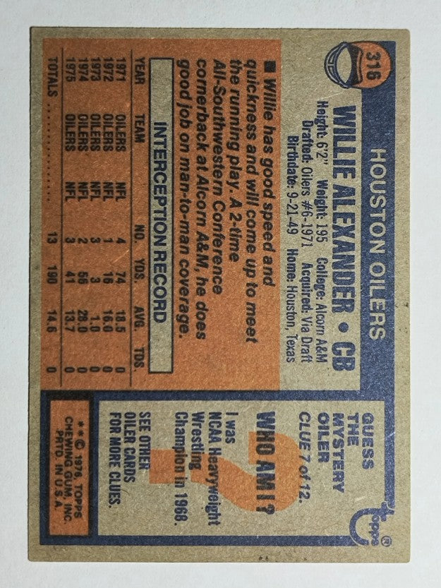 1976 Topps #316 Willie Alexander (EX)