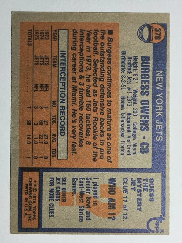 1976 Topps #378 Burgess Owens (VGEX)