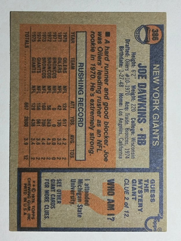 1976 Topps #386 Joe Dawkins (EX)