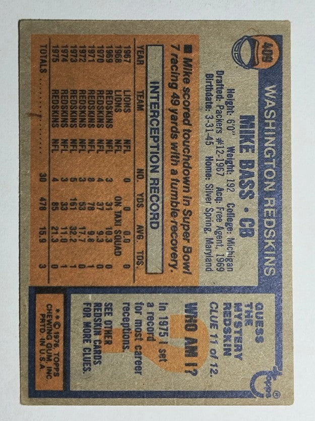 1976 Topps #409 Mike Bass (VG)