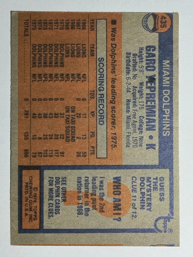1976 Topps #435 Garo Yepremian (VG)