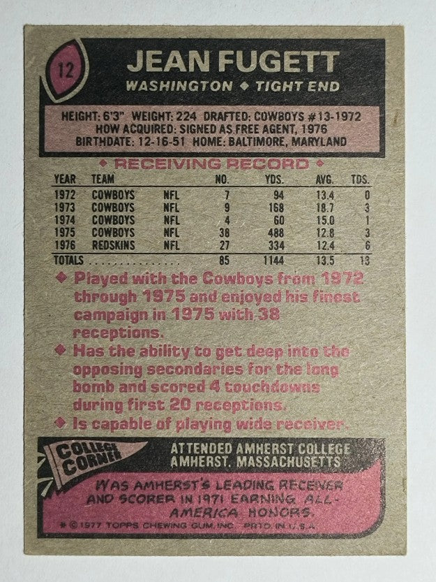 1977 Topps #12 Jean Fugett (EX)