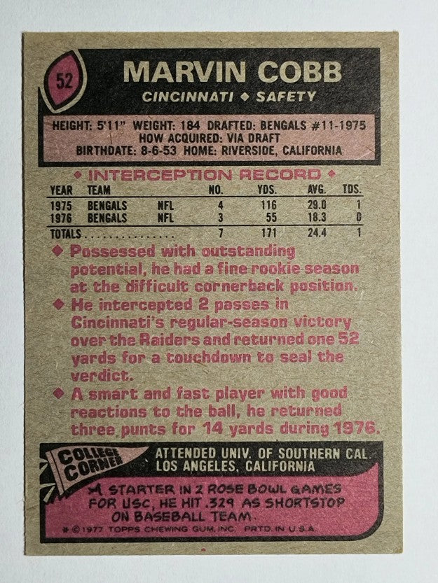 1977 Topps #52 Marvin Cobb (VGEX)