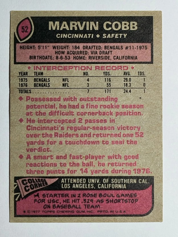 1977 Topps #52 Marvin Cobb (VGEX)