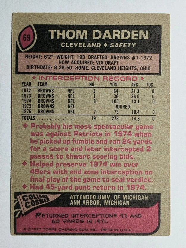 1977 Topps #69 Thom Darden (VGEX)