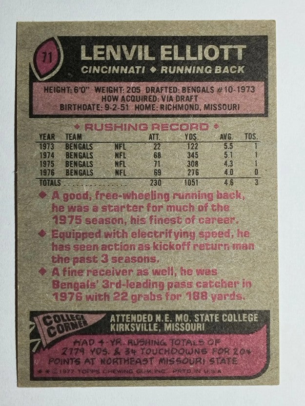 1977 Topps #71 Lenvil Elliott RC (EXMT)