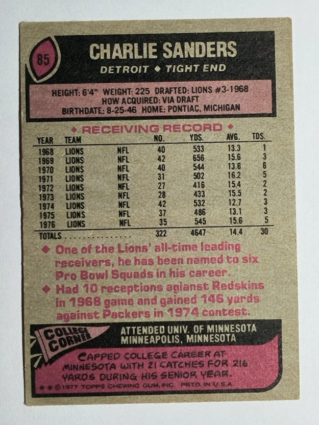 1977 Topps #85 Charlie Sanders (EX)