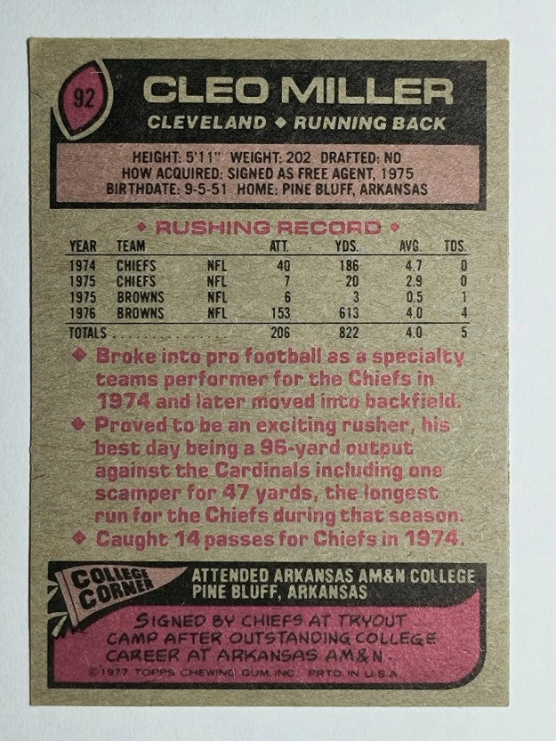 1977 Topps #92 Cleo Miller RC (EX)