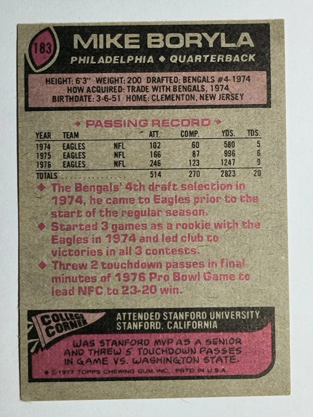 1977 Topps #183 Mike Boryla (VGEX)