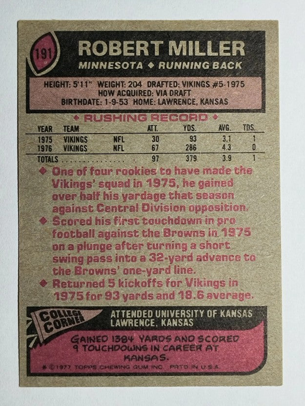 1977 Topps #191 Robert Miller RC (EX)