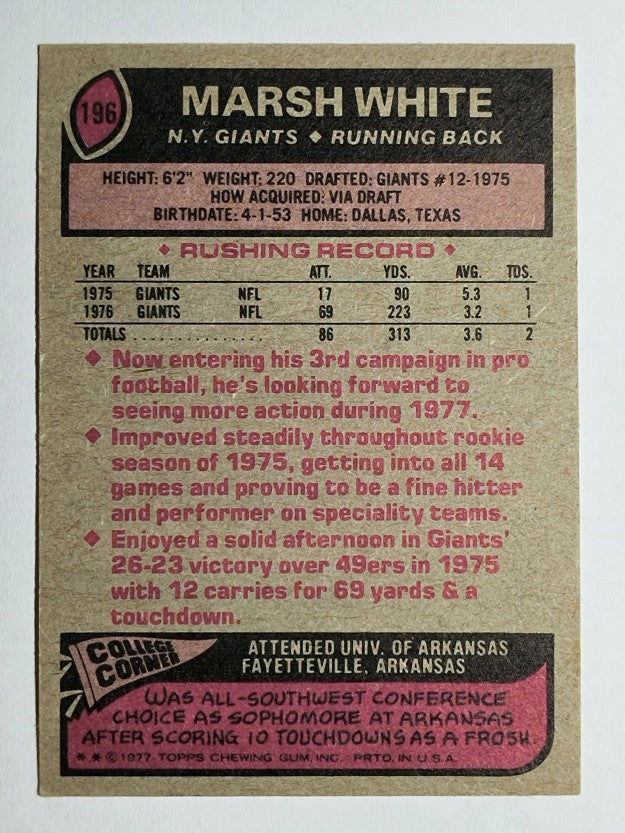1977 Topps #196 Marsh White RC (EXMT)