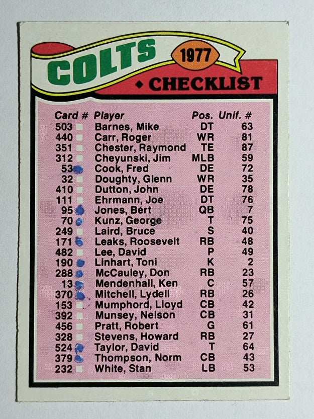 1977 Topps #202 Baltimore Colts/Team Checklist (VG)