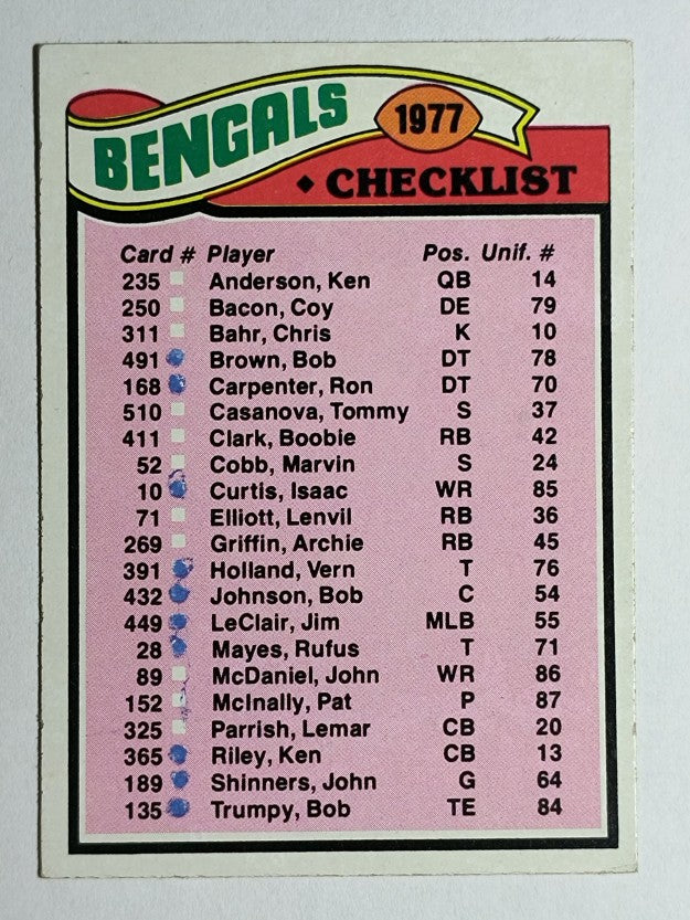 1977 Topps #205 Cincinnati Bengals/Team Checklist (VG)
