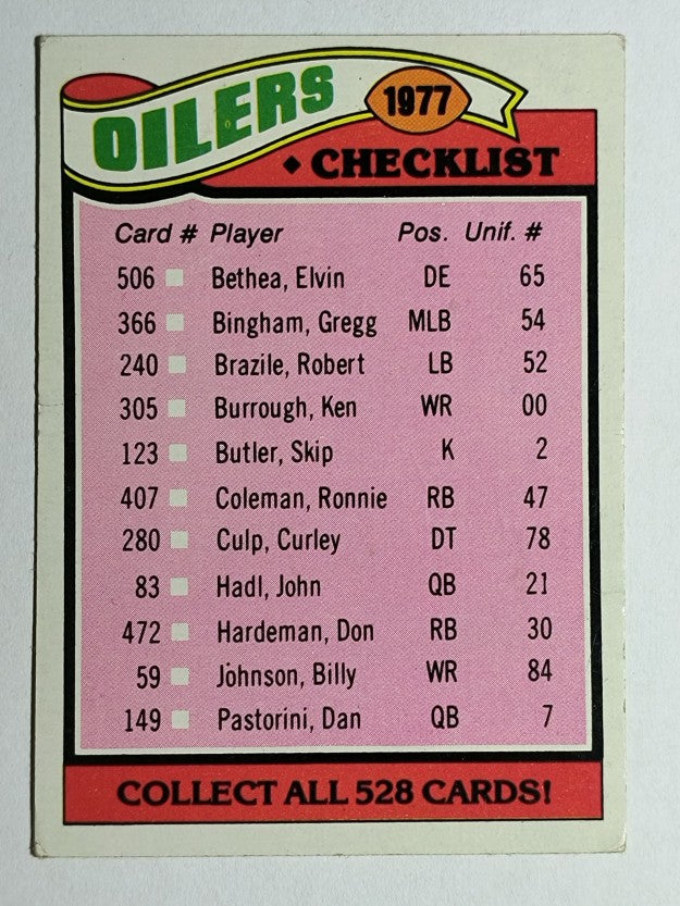 1977 Topps #211 Houston Oilers/Team Checklist (VG)