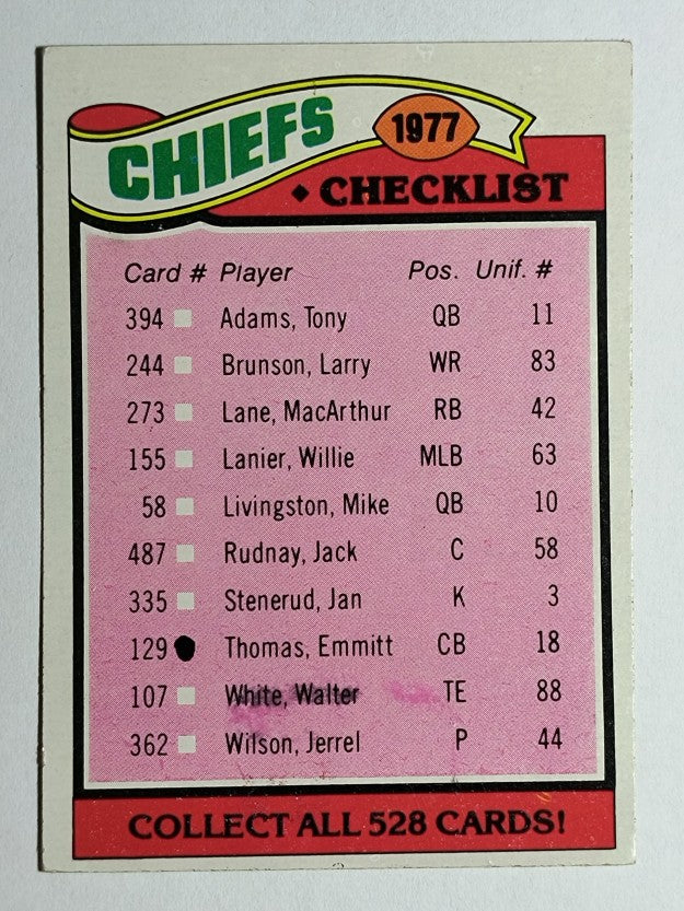 1977 Topps #212 Kansas City Chiefs/Team Checklist (VG)