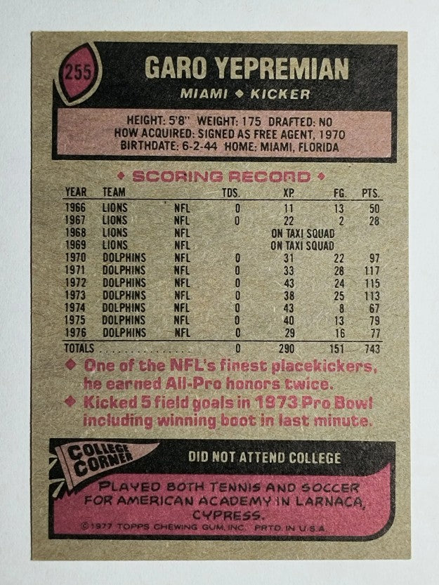 1977 Topps #255 Garo Yepremian (EXMT)
