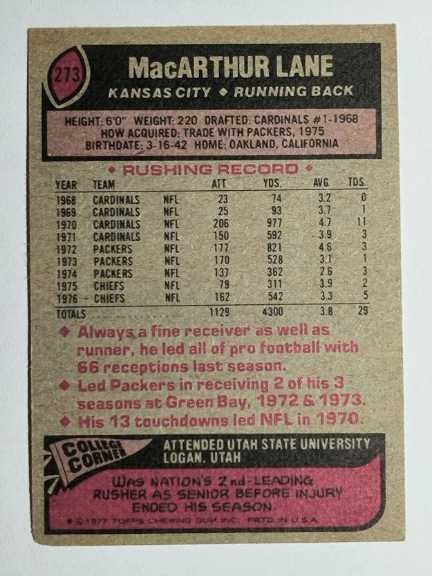 1977 Topps #273 MacArthur Lane (VG)