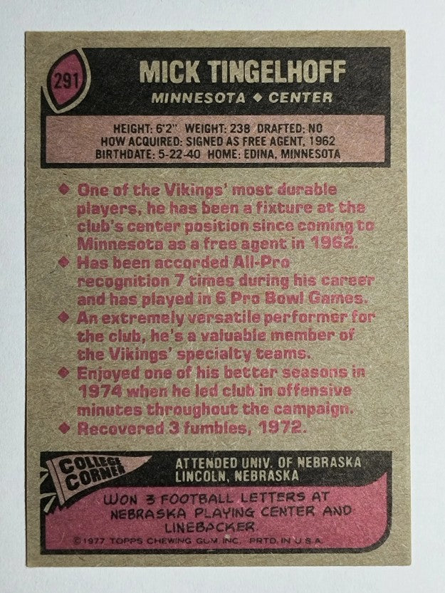 1977 Topps #291 Mick Tingelhoff (EX)
