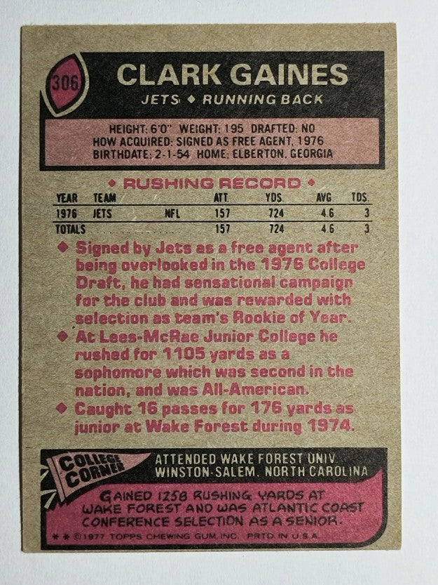 1977 Topps #306 Clark Gaines RC (VG)