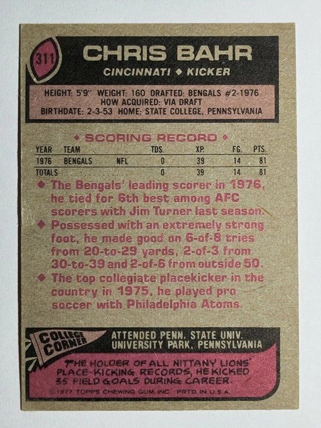 1977 Topps #311 Chris Bahr RC (POOR)