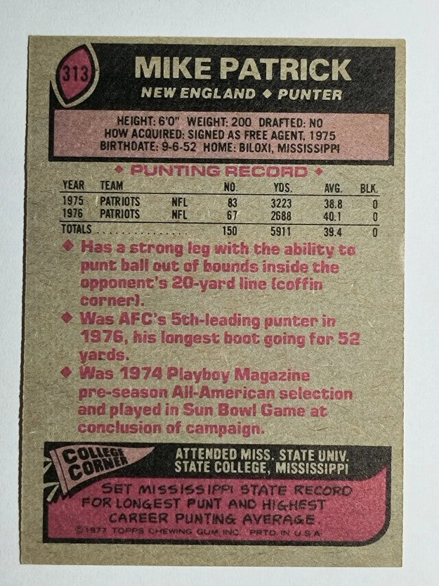 1977 Topps #313 Mike Patrick RC (EX)