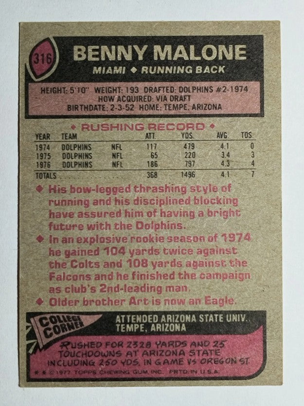 1977 Topps #316 Benny Malone RC (EX)