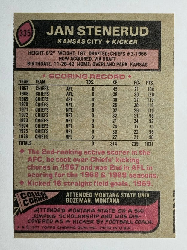1977 Topps #335 Jan Stenerud (VG)
