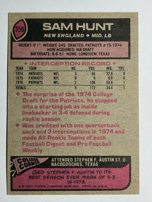 1977 Topps #356 Sam Hunt RC (EX)