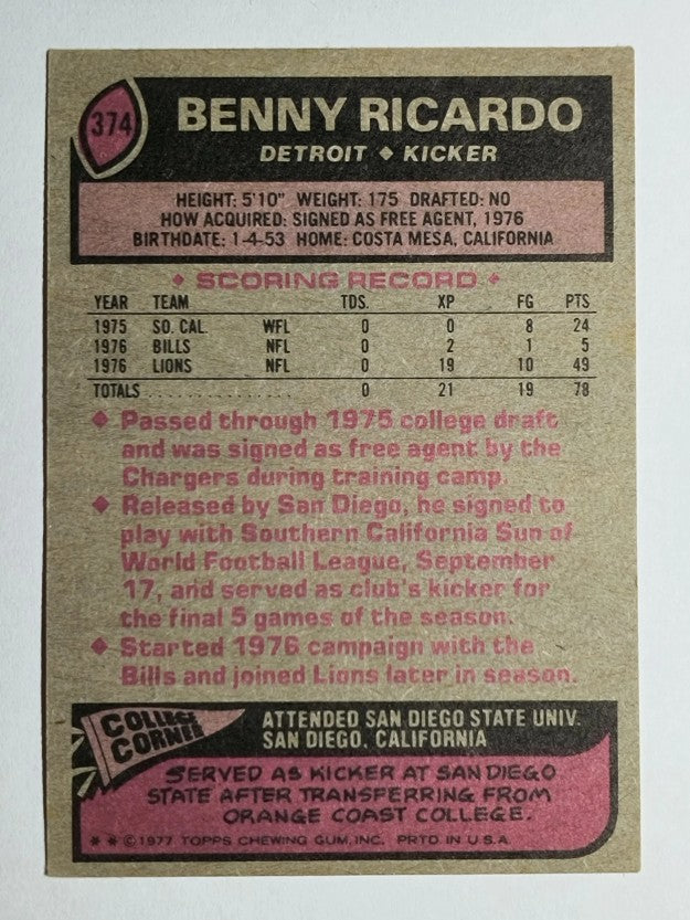 1977 Topps #374 Benny Ricardo RC (EX)