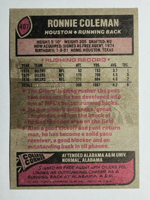 1977 Topps #407 Ronnie Coleman (VGEX)