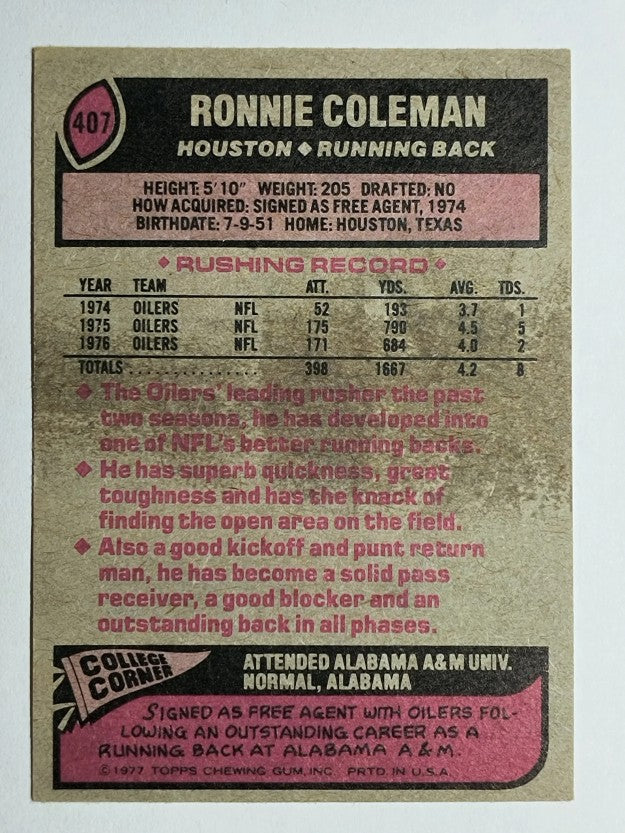 1977 Topps #407 Ronnie Coleman (VGEX)