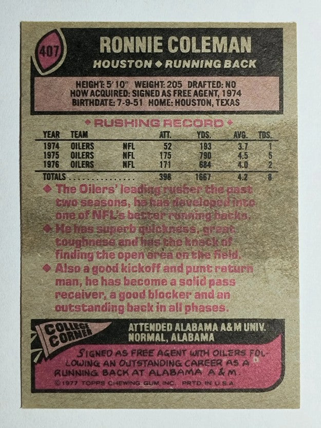 1977 Topps #407 Ronnie Coleman (VGEX)