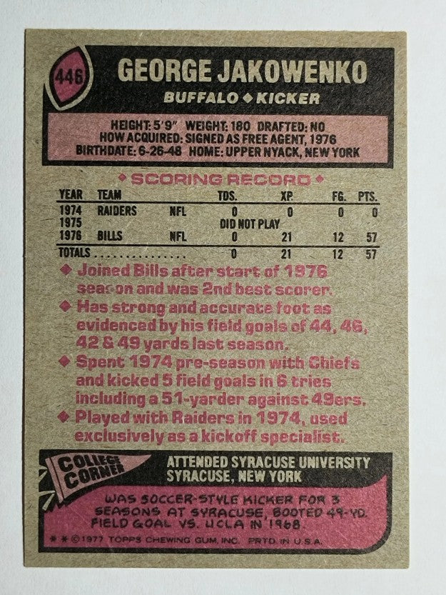 1977 Topps #446 George Jakowenko RC (EXMT)