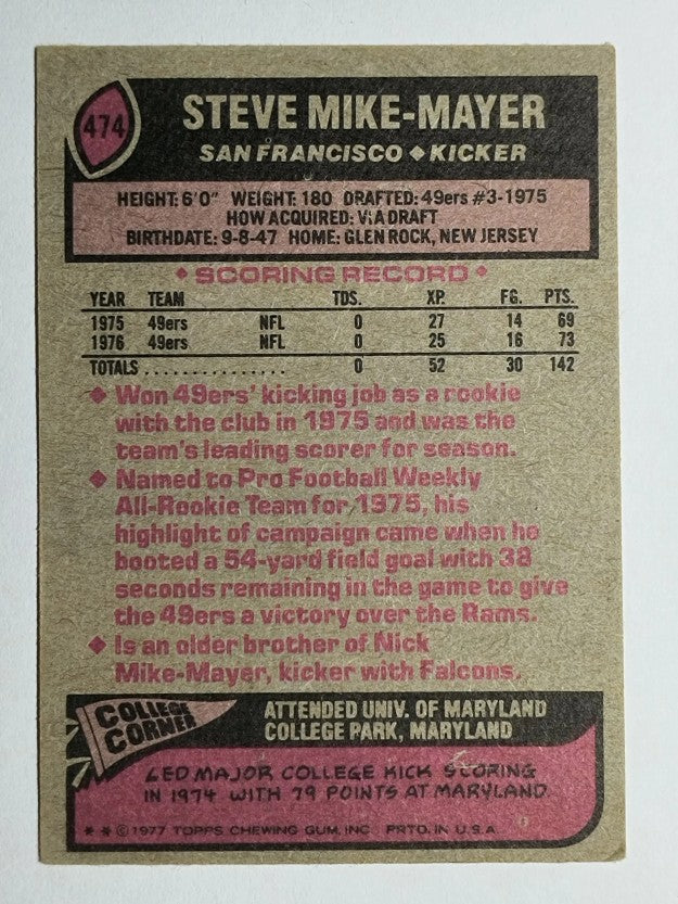 1977 Topps #474 Steve Mike-Mayer (VGEX)