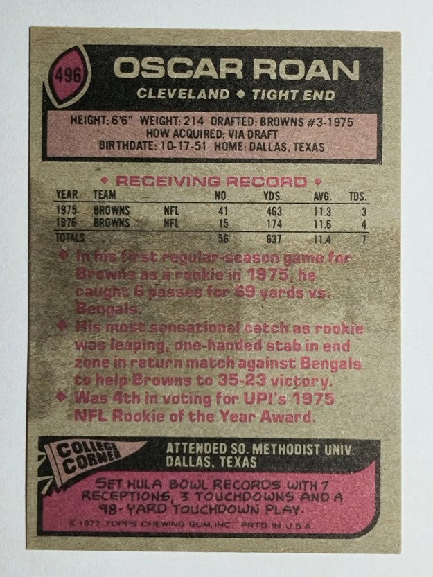 1977 Topps #496 Oscar Roan (VGEX)