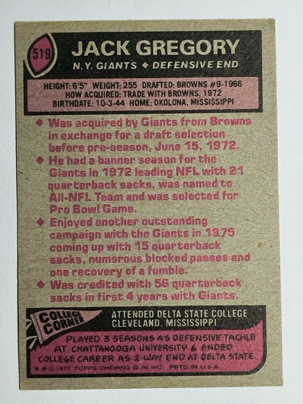 1977 Topps #519 Jack Gregory (EX)