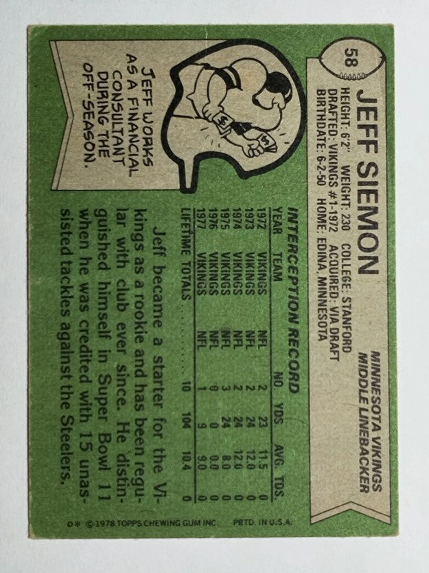 1978 Topps #58 Jeff Siemon (GOOD)