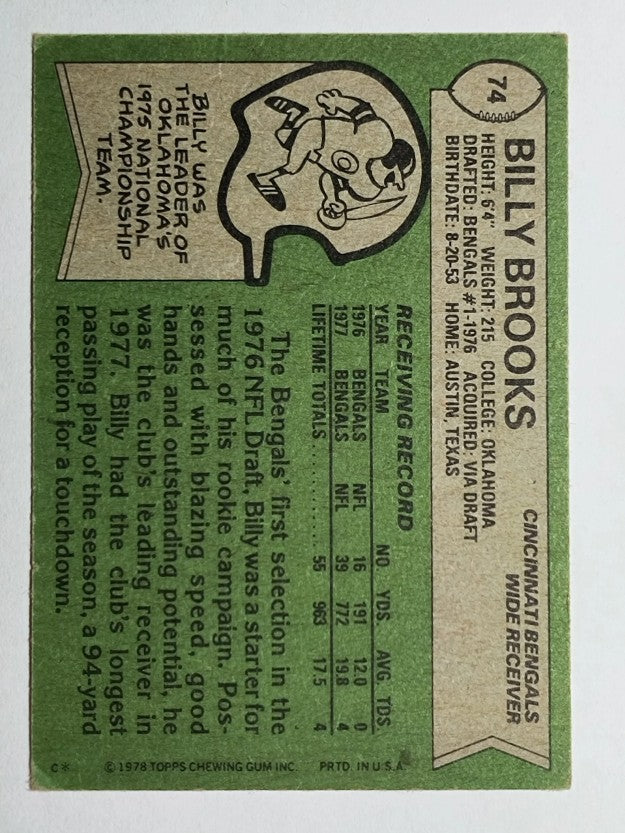 1978 Topps #74 Billy Brooks RC (VGEX)