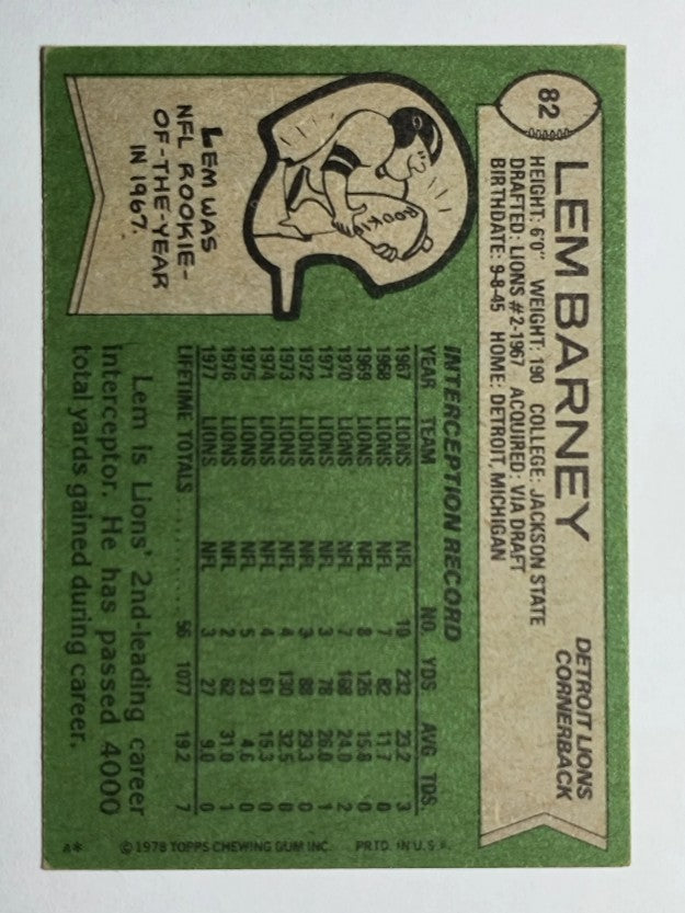 1978 Topps #82 Lem Barney (EX)
